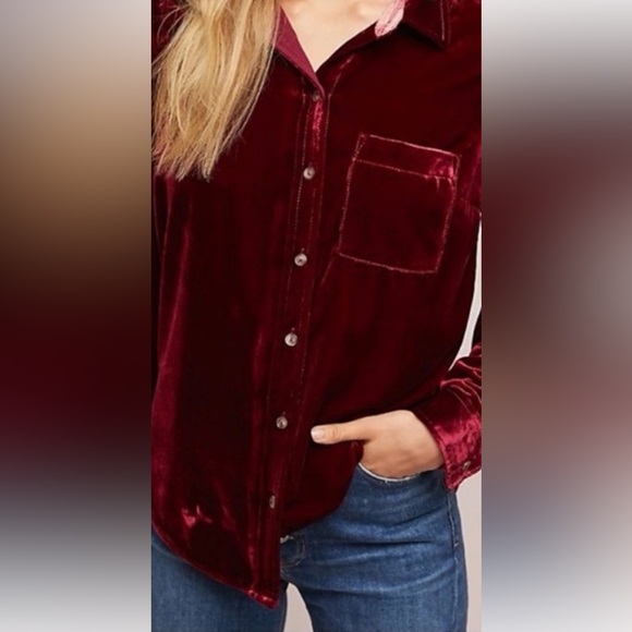 Anthropologie By MAEVE Burgundy Velvet Button-Up Shirt size S - Picture 4 of 8